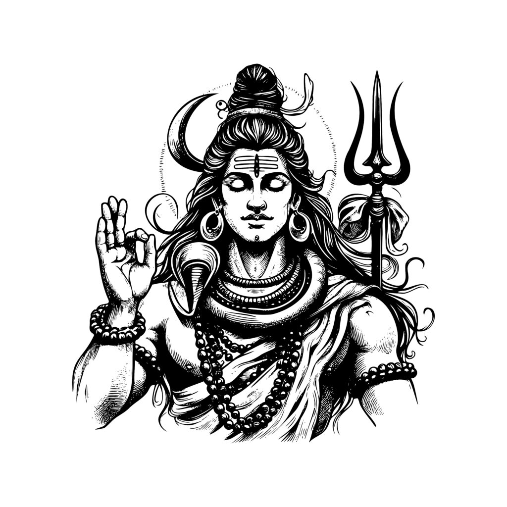 lord shiva illustration, hand drawn black and white hindu god vector illustration isolated white background